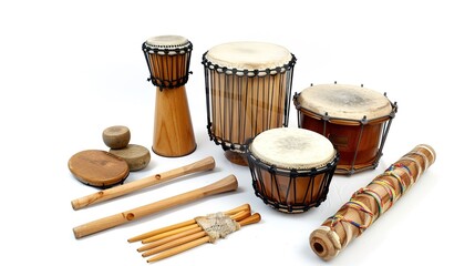 Drumming and Percussion Instruments on White Background – a vibrant and rhythmic display. The assortment of drumming and percussion instruments set against a clean white background creates an energeti