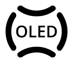 Curved oled display logo with stylized arcs and bold text design.