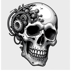 Steampunk Skull Illustration: A captivating illustration merges the macabre with the mechanical, depicting a skull interwoven with intricate gears, conveying a blend of mortality and machine. 