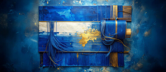 Top-down horizontal shot of a mixed media art piece featuring blue painted wood panels and textile threads with golden highlights and a spool. Emphasizes craftsmanship, textile design, and luxury art.
