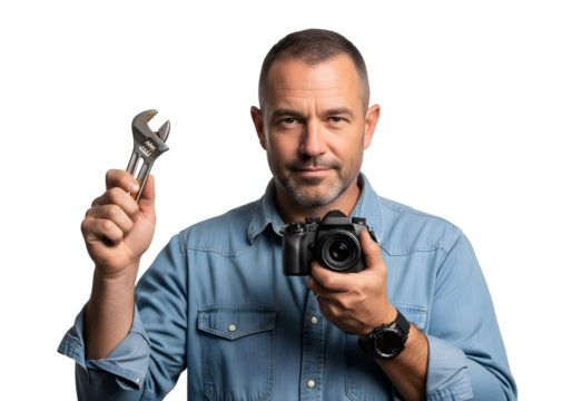 Photographer Tradesman Holding Camera and Wrench Repairman Photography Concept Art Tool Professional Mechanic Occupation Business Person Success