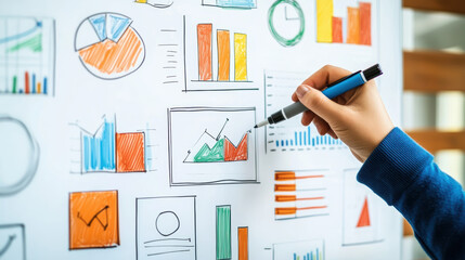 Hand drawing colorful business charts and graphs on whiteboard with marker during presentation, showing analysis and data visualization. Concept of teamwork, strategy, business planning and growth.