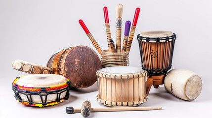 Drumming and Percussion Instruments on White Background – a vibrant and rhythmic display. The assortment of drumming and percussion instruments set against a clean white background creates an energeti
