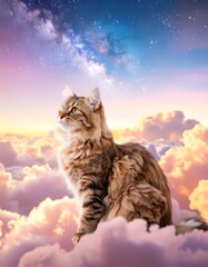 Cat on clouds, starry sky