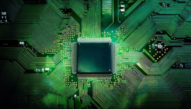 glowing green circuit board close up