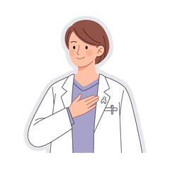 Fototapeta premium A friendly doctor in a white lab coat with a purple shirt underneath, placing their hand over their heart.