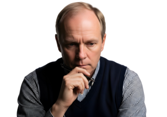 Contemplative Businessman Thinking Deep Thoughts Holding Pen Portrait Serious Mature Man Problem Solving Decision Making Strategy Brainstorming Focus Concept