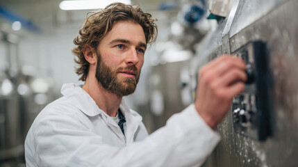 Technician operating industrial pasteurization equipment during testing in a modern facility