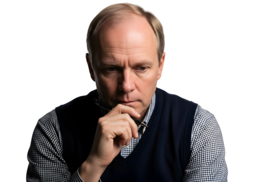 Contemplative Businessman Thinking Deep Thoughts Holding Pen Portrait Serious Mature Man Problem Solving Decision Making Strategy Brainstorming Focus Concept - Powered by Adobe