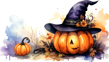 Watercolor Halloween Pumpkins with Witch Hat Illustration.