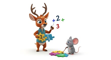 Fototapeta premium Cartoon Deer Teaching Math to Mouse with Puzzle Pieces Illustration