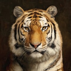 Fototapeta premium A tiger is staring at the camera. The tiger has a yellow stripe on its face. The tiger is looking directly at the camera