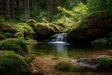 Obraz premium A tranquil forest stream cascades over mossy rocks, creating a serene and peaceful scene.