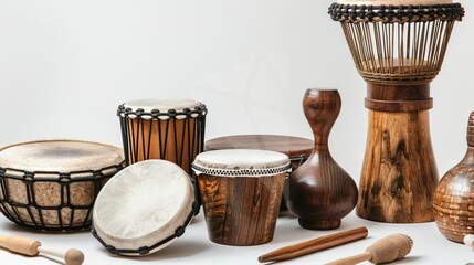 Drumming and Percussion Instruments on White Background – a vibrant and rhythmic display. The assortment of drumming and percussion instruments set against a clean white background creates an energeti