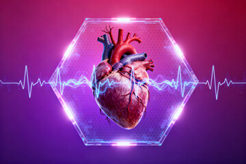 Human heart in a hexagonal frame with electrocardiogram waveform on a purple background