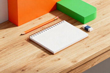Fototapeta premium Notebook, pencil, and eraser on wooden desk with colorful blocks
