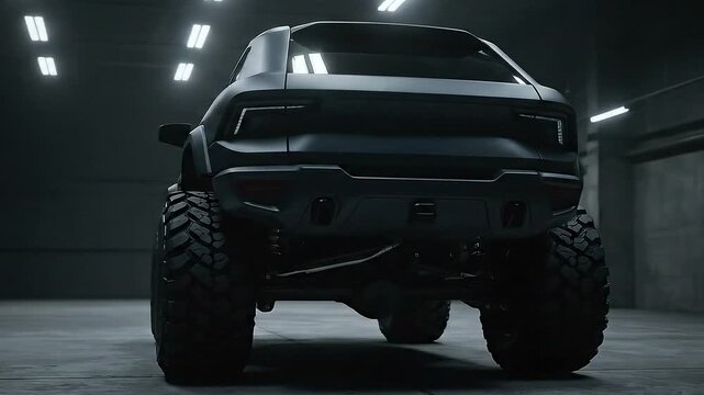 Powerful Off-Road Vehicle in a Dark, Industrial Setting with Bright Overhead Lighting.