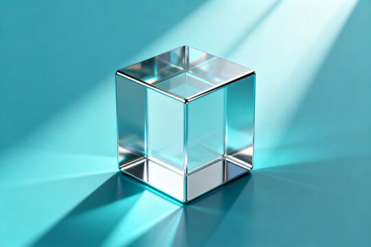 Transparent glass cube on a blue surface with light reflections