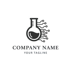 Monochromatic Logo Design Featuring a Laboratory Flask Integrated with Digital Circuitry, Symbolizing Science, Technology, Innovation, and Data-Driven Research on a White Background, Flat Vector