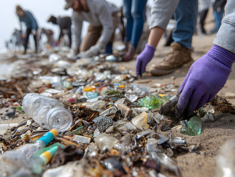 Diverse group of community volunteers participates in beach cleanup, collecting plastic, glass, and other debris from sand to protect environment and promote conservation