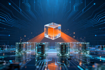 Digital data center with glowing server racks and a central transparent cube emitting light beams in a futuristic tech environment