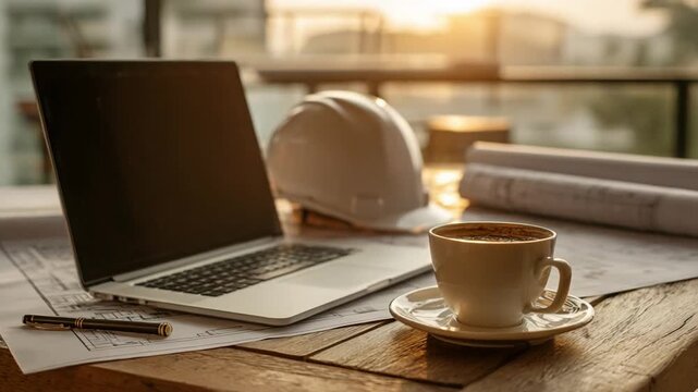 Architect's Desk: A laptop sits beside a blueprint and a hard hat, accompanied by a cup of coffee, capturing the essence of architectural planning and the tools of the trade. 