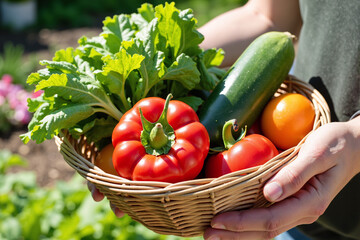 Person holding wicker basket full of fresh colorful organic vegetables from home garden. Concept of healthy eating, farm to table, sustainable living, and summer harvest bounty