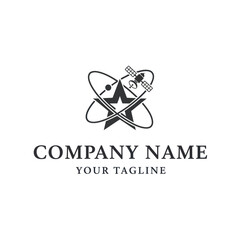 Modern company logo featuring a star, orbiting elements, and a satellite, with 'Company Your Tagline' text, all on a clean white background, ideal for technology or science branding., Flat Vector