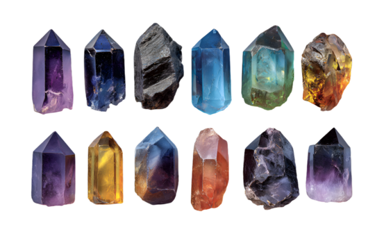 Colorful sharp crystal, gemstone or minerals isolated on clean png background, Quartz stone from raw natural, pure shiny crystal, Essential jewelry,