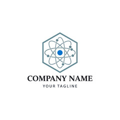 Modern Hexagonal Atomic Structure Logo with Blue Nucleus and Grey Orbits, Featuring Placeholder Company Name and Tagline on a Clean White Background, Flat Vector Elements, Vector Illustration, Simple