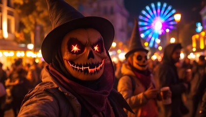 Halloween celebration with people in pumpkin masks and glowing costumes at a night carnival.