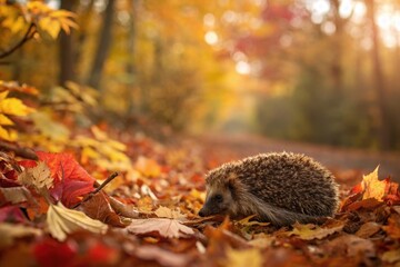 A small hedgehog curled up into a ball on a bed of autumn leaves,