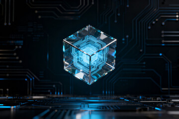 Transparent futuristic cube with glowing blue circuit patterns floating above a digital circuit board background
