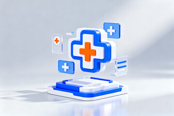 3D medical cross symbol with floating health icons on a platform