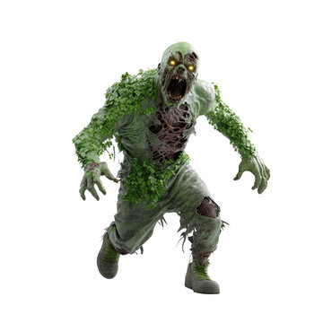 Terrifying plant zombie with glowing eyes in tattered clothes
