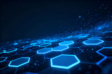 Obraz premium Abstract digital hexagonal network with glowing blue patterns and particles in a futuristic technological environment
