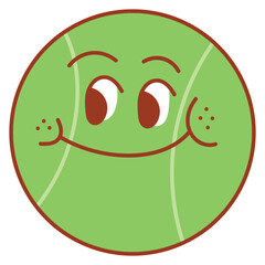 A bright green cartoon tennis ball with a happy, cheeky expression, featuring puffed-up cheeks and smiling eyes.