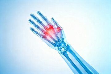 X-ray image of a human hand showing joint inflammation in the fingers