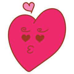 A pink cartoon heart blowing a kiss, with heart-shaped eyes and a swirl of hearts floating above its head, in a hand-drawn style.