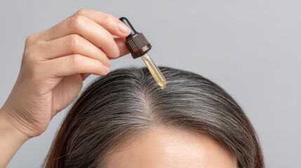 Close-Up of Hand Holding Dropper Bottle with Hair Serum Overhead Shot of Hair with Droplet of Oil for Hair Care and Treatment in Neutral Background