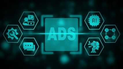 Teal glowing digital advertising concept with AI and interconnected icons on a dark background artificial intelligence