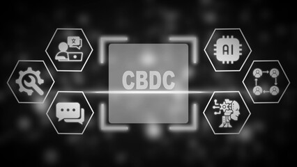 Black and white CBDC concept with AI and technology icons CBDC central bank digital currency