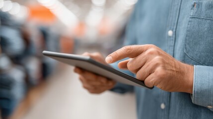Person using digital tablet in retail store, shopping environment, focused on touchscreen, modern technology, casual clothing, interior design, consumer experience