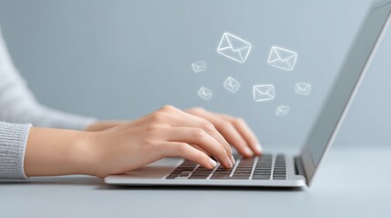 Close-up of Hands Typing on Laptop Keyboard with Email Icons Floating Above, Concept of Digital Communication and Modern Technology