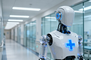 Humanoid robot with medical symbol in a modern hospital corridor