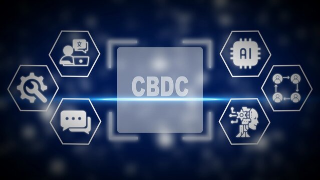 CBDC concept with AI and technology icons on a dark blue background CBDC central bank digital currency
