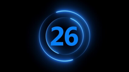 Glowing Blue Neon Circle With Number 26 On Black Background twenty six numeral