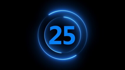 Glowing blue number 25 inside concentric circles on a black background twenty five neon