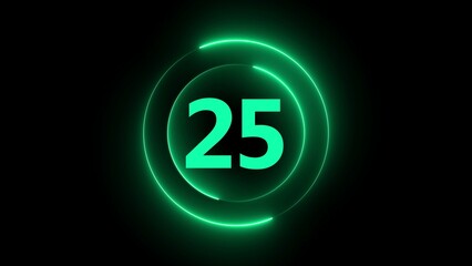 Glowing green number 25 inside concentric circles on a black background twenty five neon