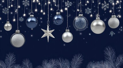 Christmas Baubles & Fairy Lights on Dark Blue: Silver Baubles (Glossy/Glittery), Star, Falling Snowflakes, Pine Silhouettes, Serene Winter Night Vibe